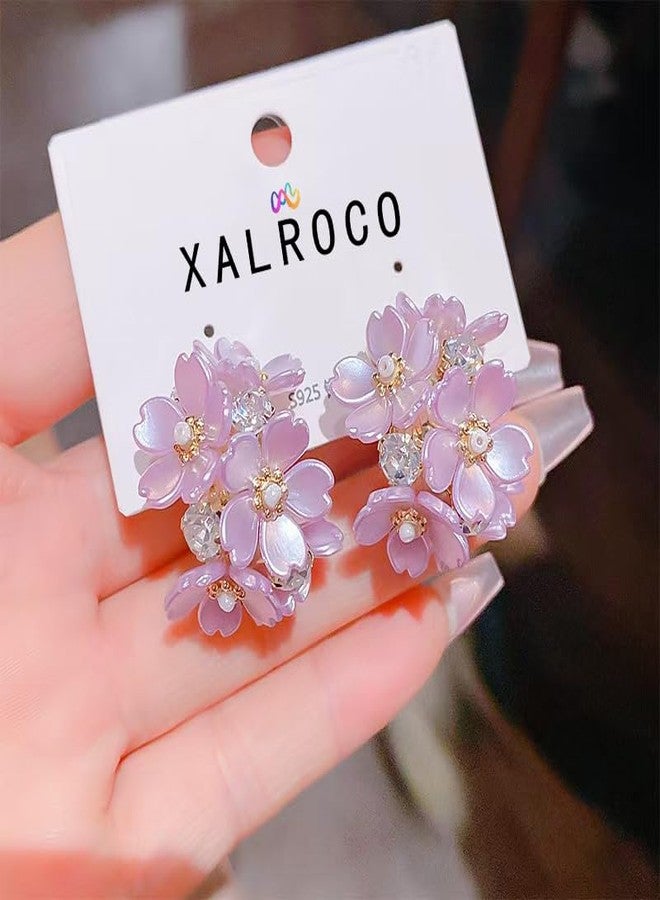 Xalroco Purple Flower CZ Hoop Earrings Acrylic Pearl Earrings(Purple Flower) - Image 3